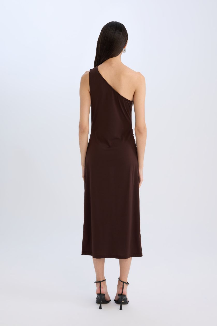 نساء بني فستان نص كم ميدي بوديكون بكتف واحد بكتف واحد