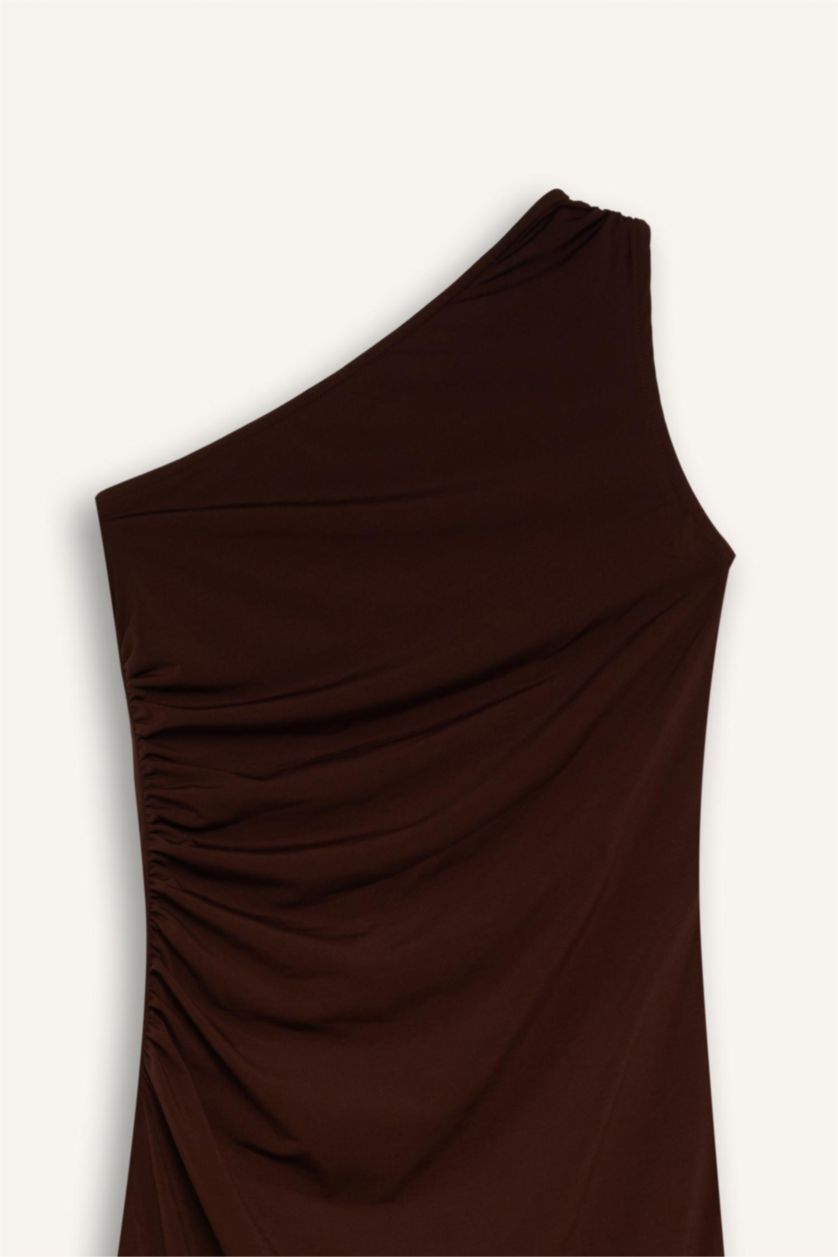 نساء بني فستان نص كم ميدي بوديكون بكتف واحد بكتف واحد