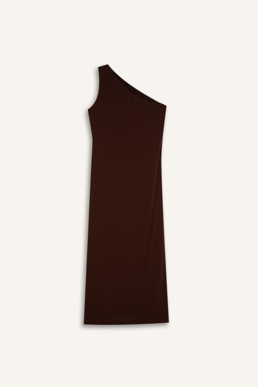 نساء بني فستان نص كم ميدي بوديكون بكتف واحد بكتف واحد