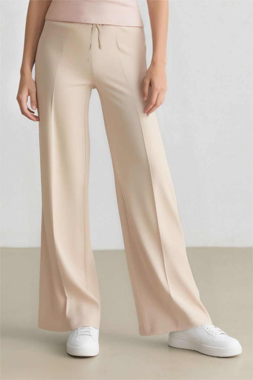 Kadın Ekru Wide Leg Pensli Kumaş Pantolon Normal Bel Geniş Cepli Bol Paça