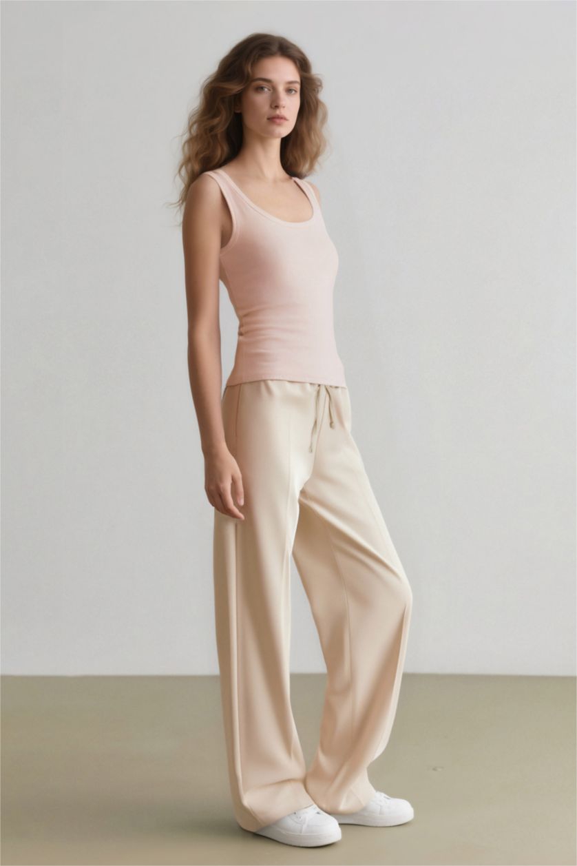 Kadın Ekru Wide Leg Pensli Kumaş Pantolon Normal Bel Geniş Cepli Bol Paça