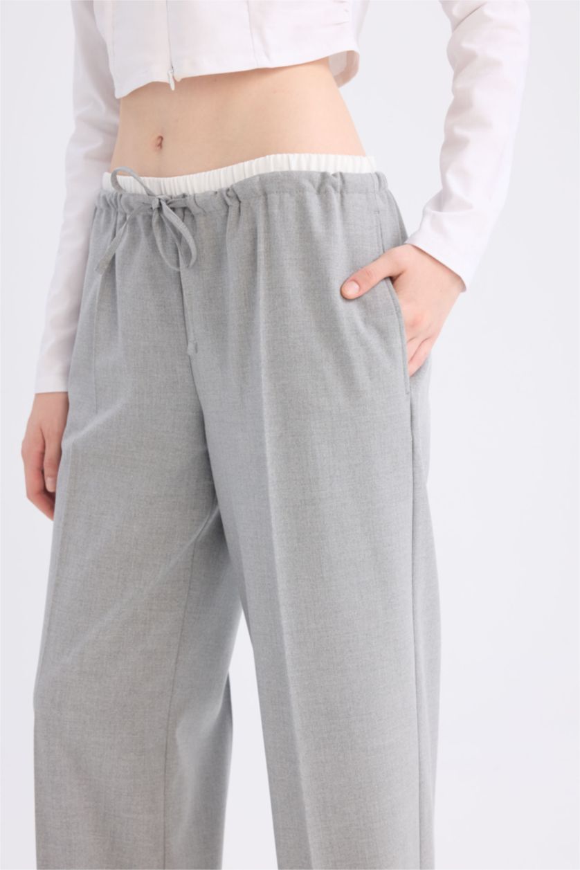 Kadın Açık Gri Melange Wide Leg Kumaş Pantolon Normal Bel Geniş Cepli Pensli Bol Paça