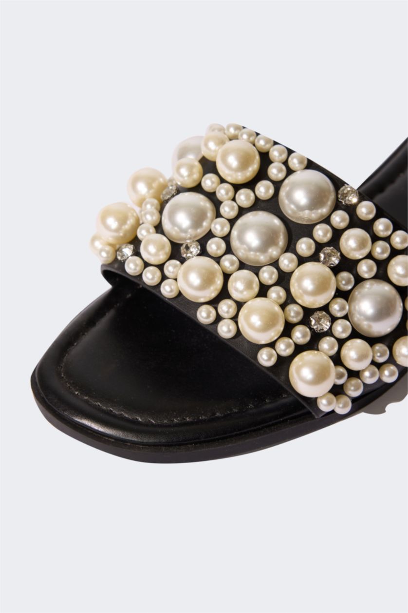 Kadın Siyah Kadın İnci Detaylı Tek Bantlı  Düz Taban Terlik