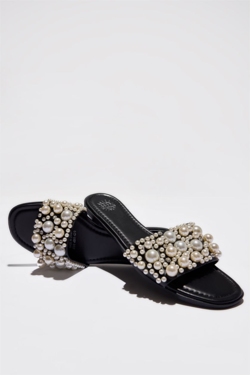 Kadın Siyah Kadın İnci Detaylı Tek Bantlı  Düz Taban Terlik