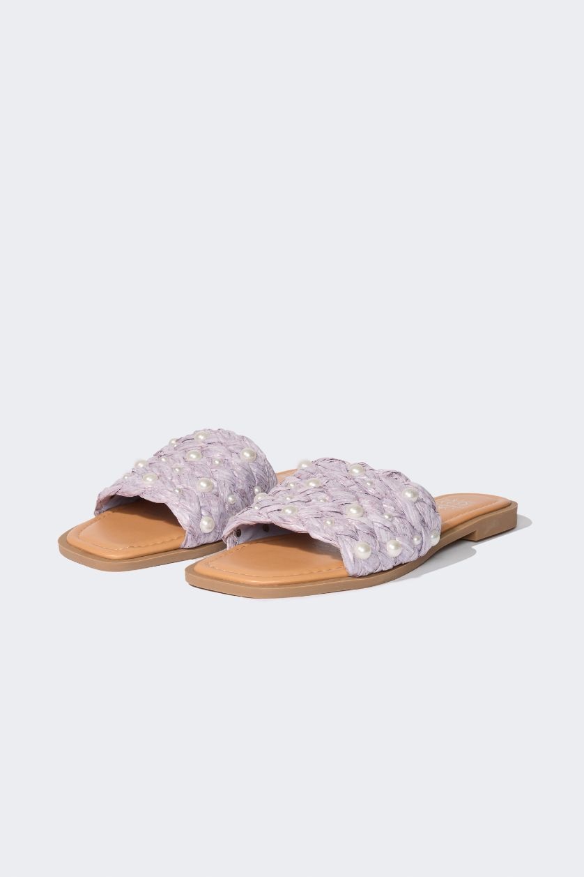 Woman Light Purple Woman Pearl Detail Flat Base Slippers