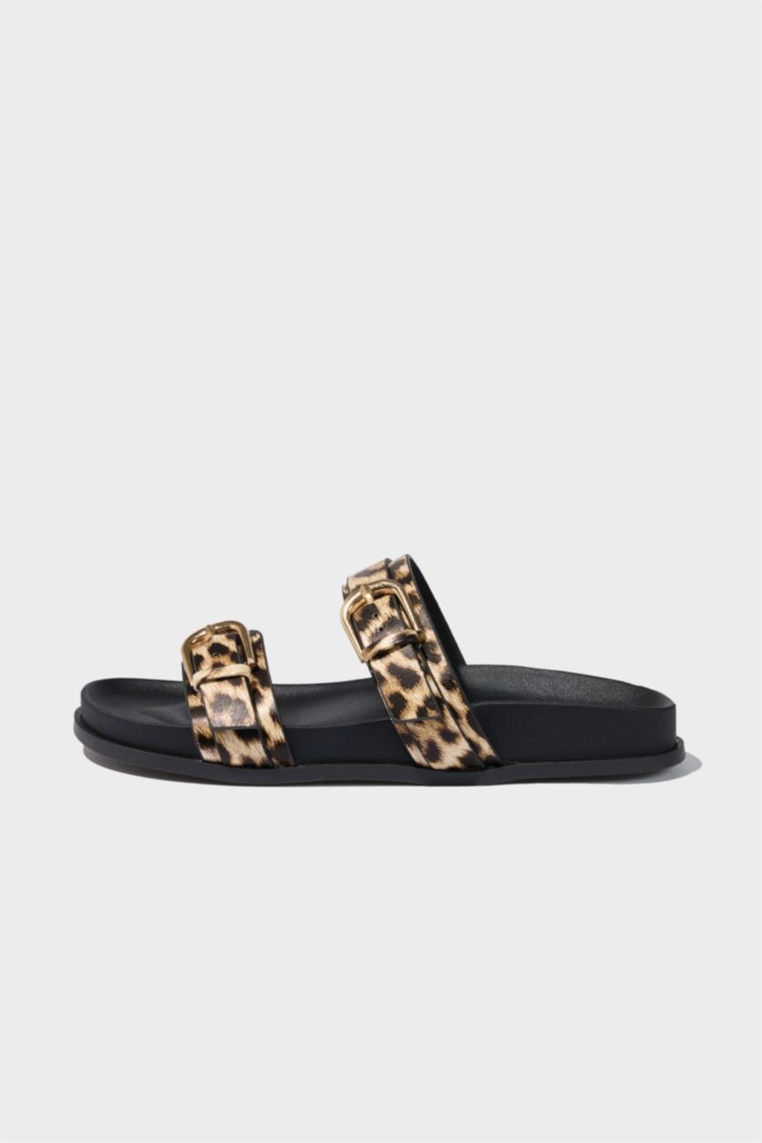 نساء أسود شبشب جلد صناعي بكعب مسطح