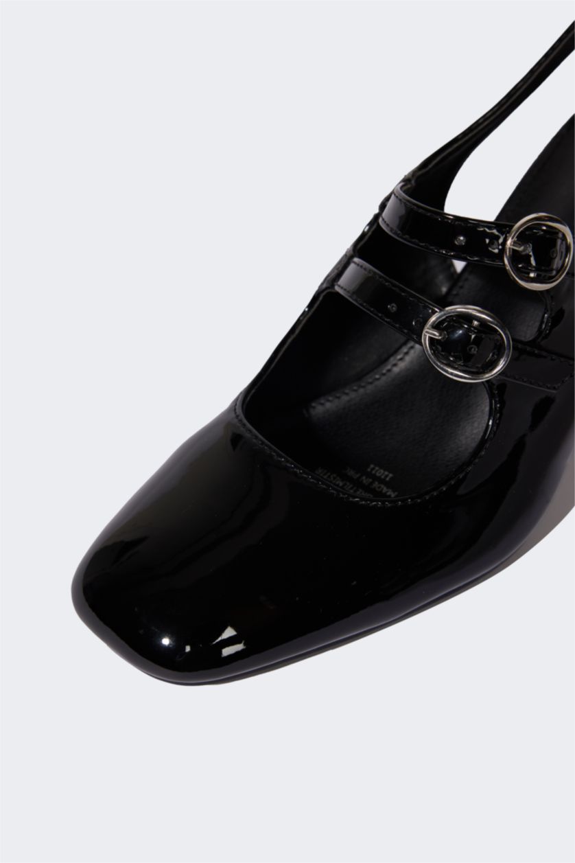 Kadın Siyah Kadın Yüksek Taban Suni Deri Topuklu Sandalet