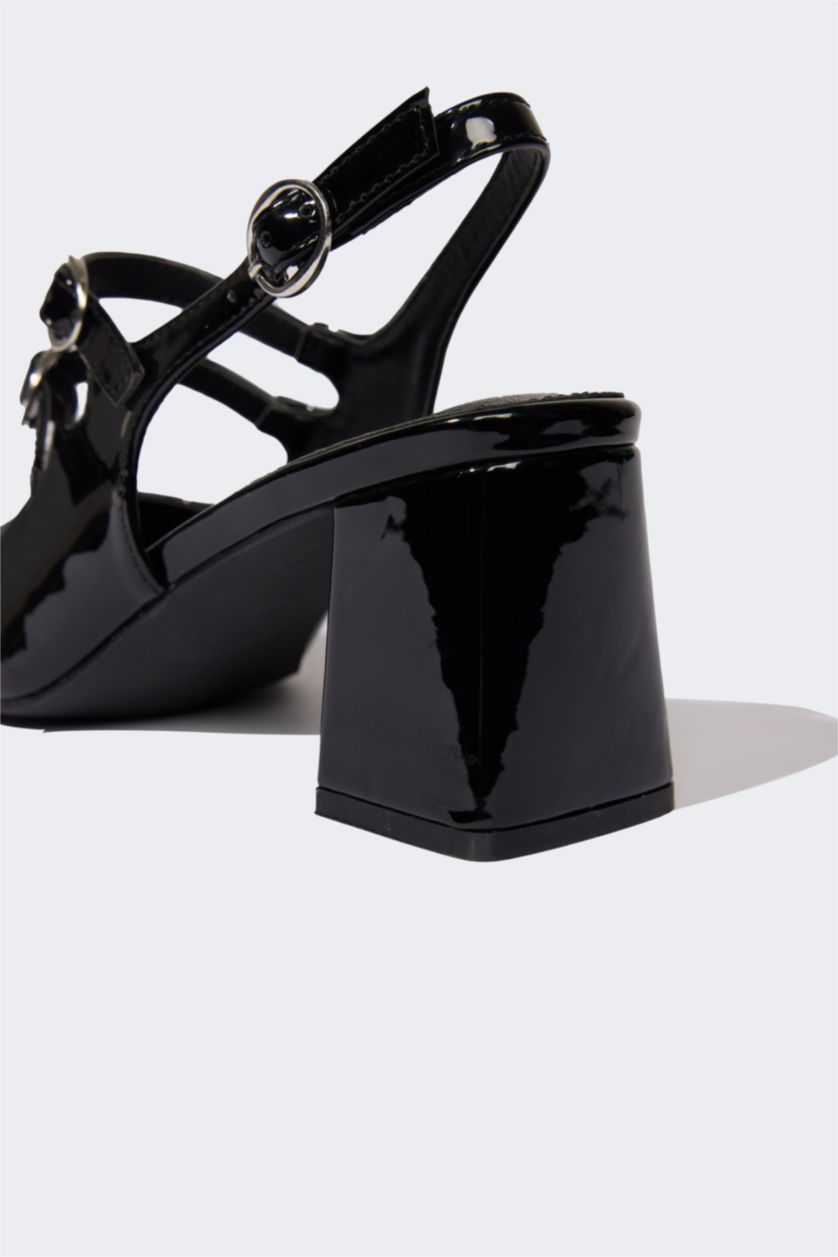 Kadın Siyah Kadın Yüksek Taban Suni Deri Topuklu Sandalet