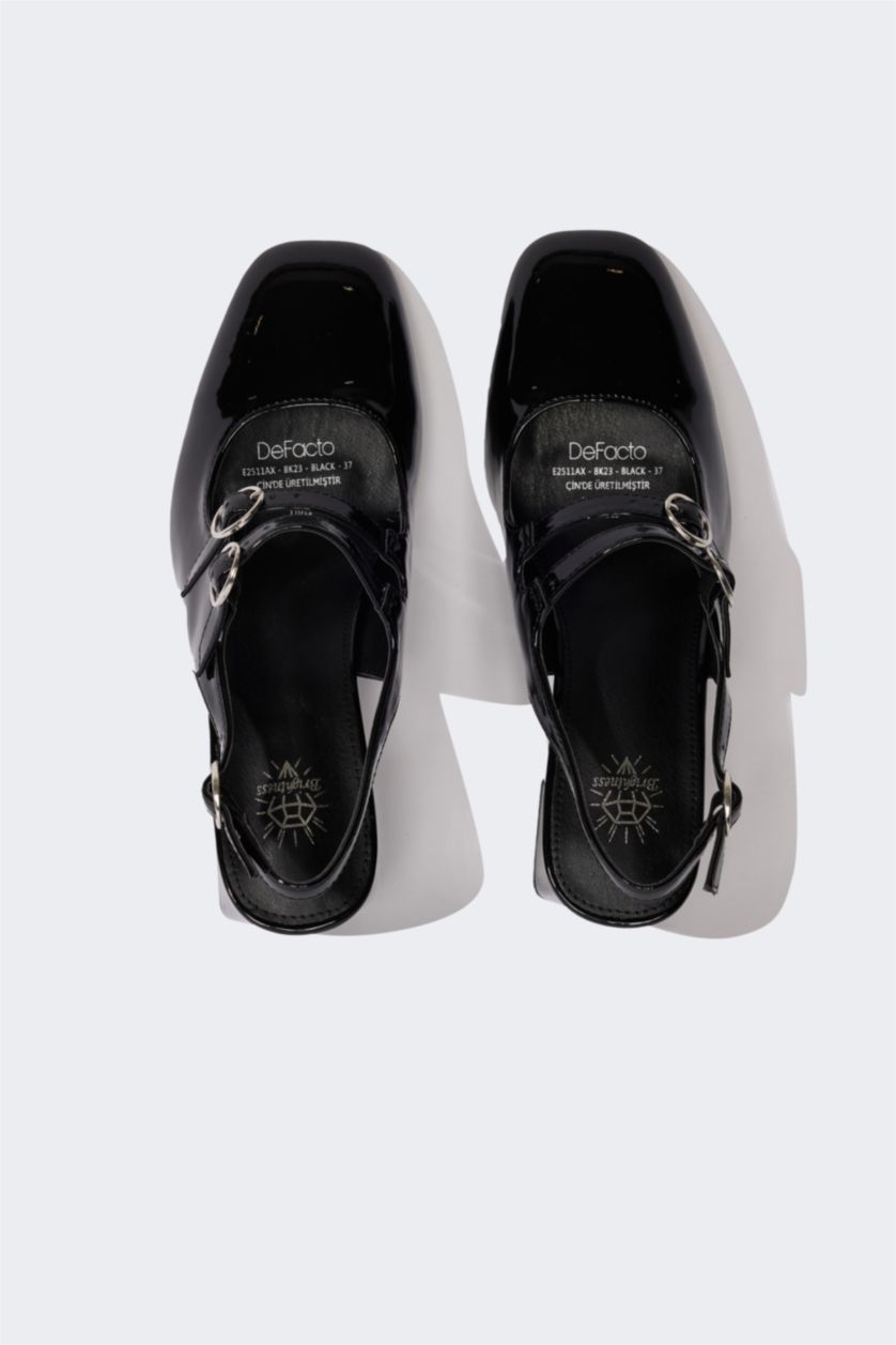 Kadın Siyah Kadın Yüksek Taban Suni Deri Topuklu Sandalet