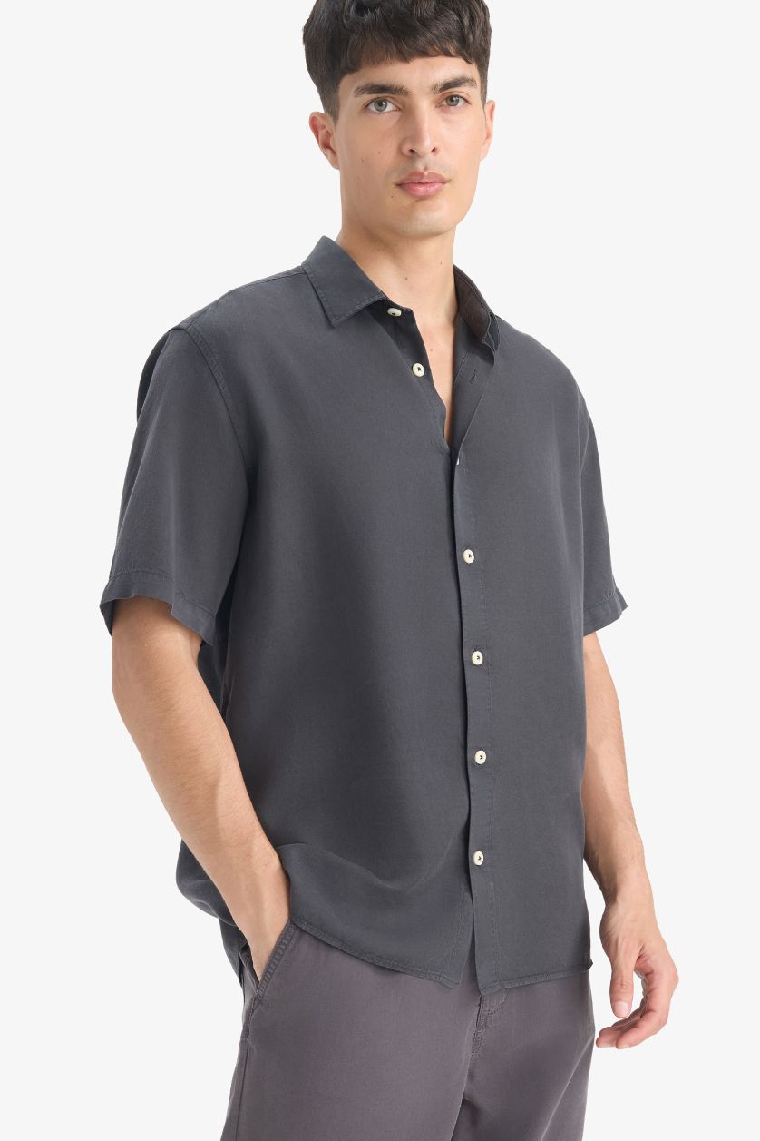 Erkek Antrasit Regular Fıt Tencel Kısa Kollu Gömlek