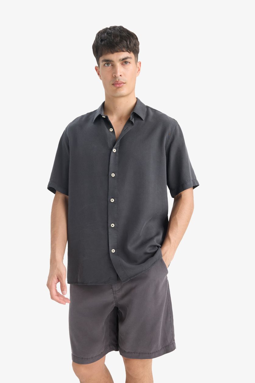 Erkek Antrasit Regular Fıt Tencel Kısa Kollu Gömlek