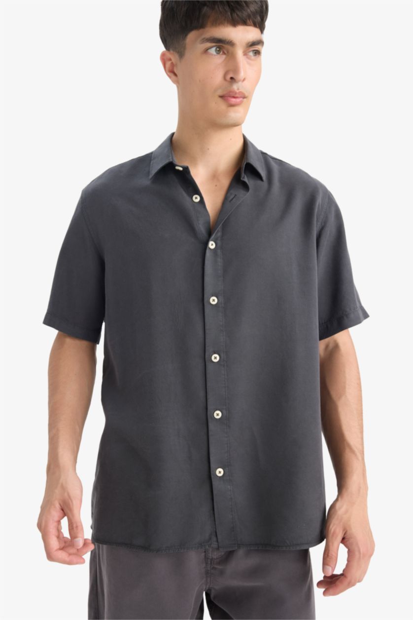 Erkek Antrasit Regular Fıt Tencel Kısa Kollu Gömlek