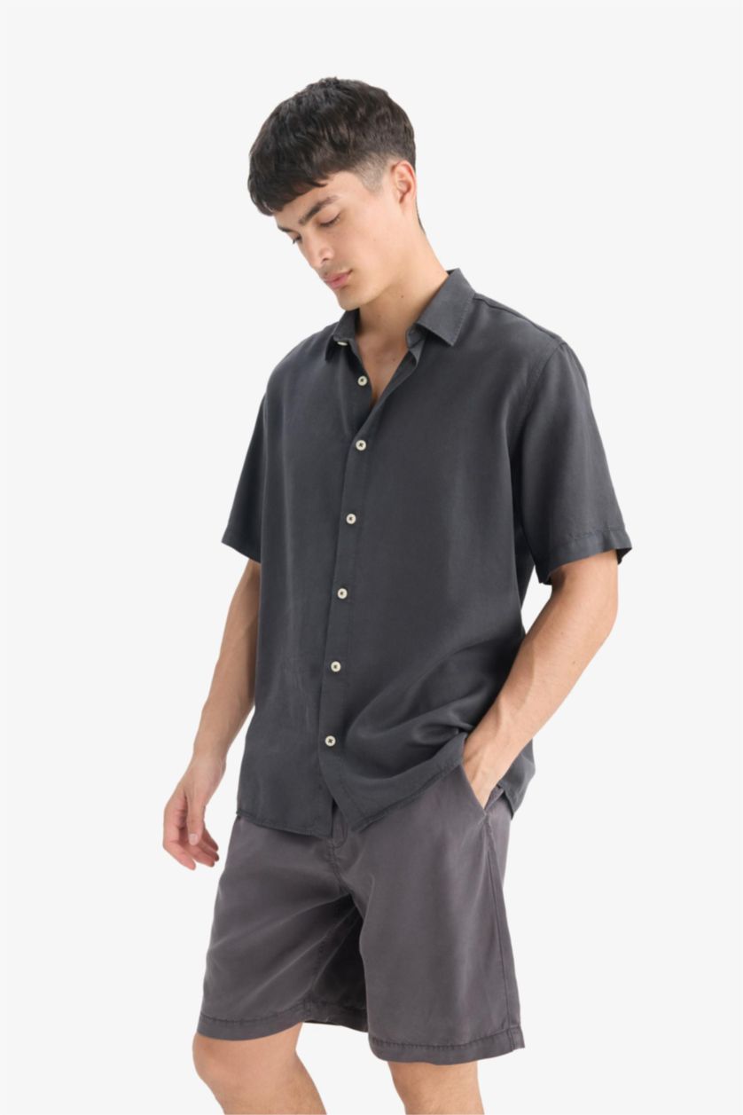 Men Anthracite Regular Fit Tencel Short Sleeve Shirt