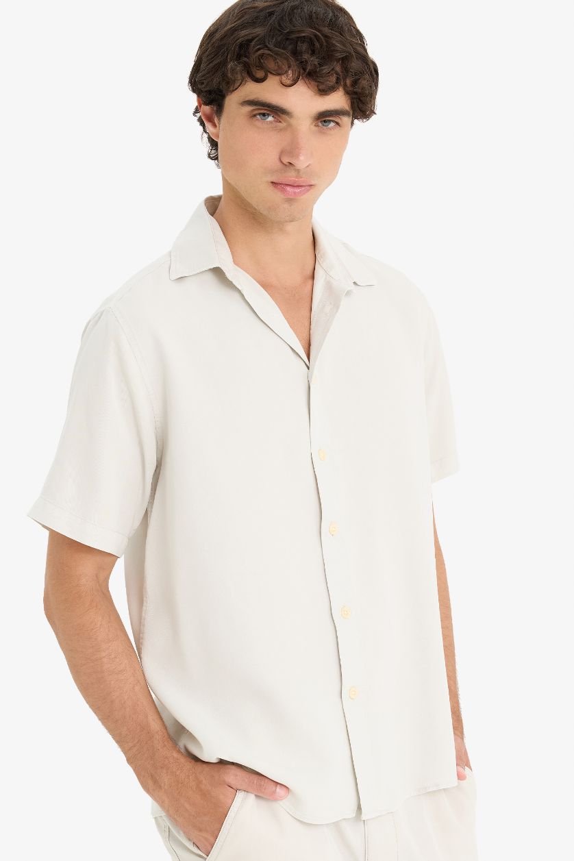 Erkek Açık Gri Regular Fıt Tencel Kısa Kollu Gömlek