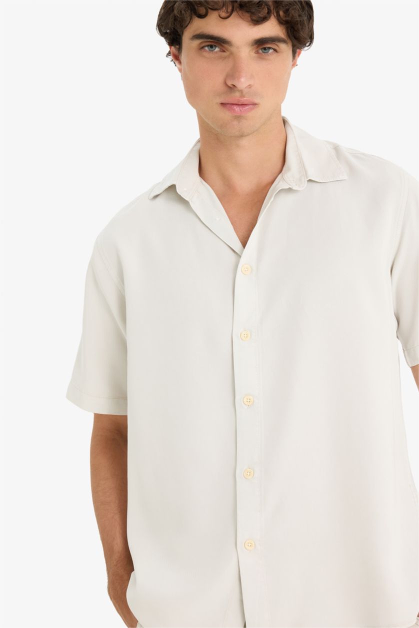 Erkek Açık Gri Regular Fıt Tencel Kısa Kollu Gömlek