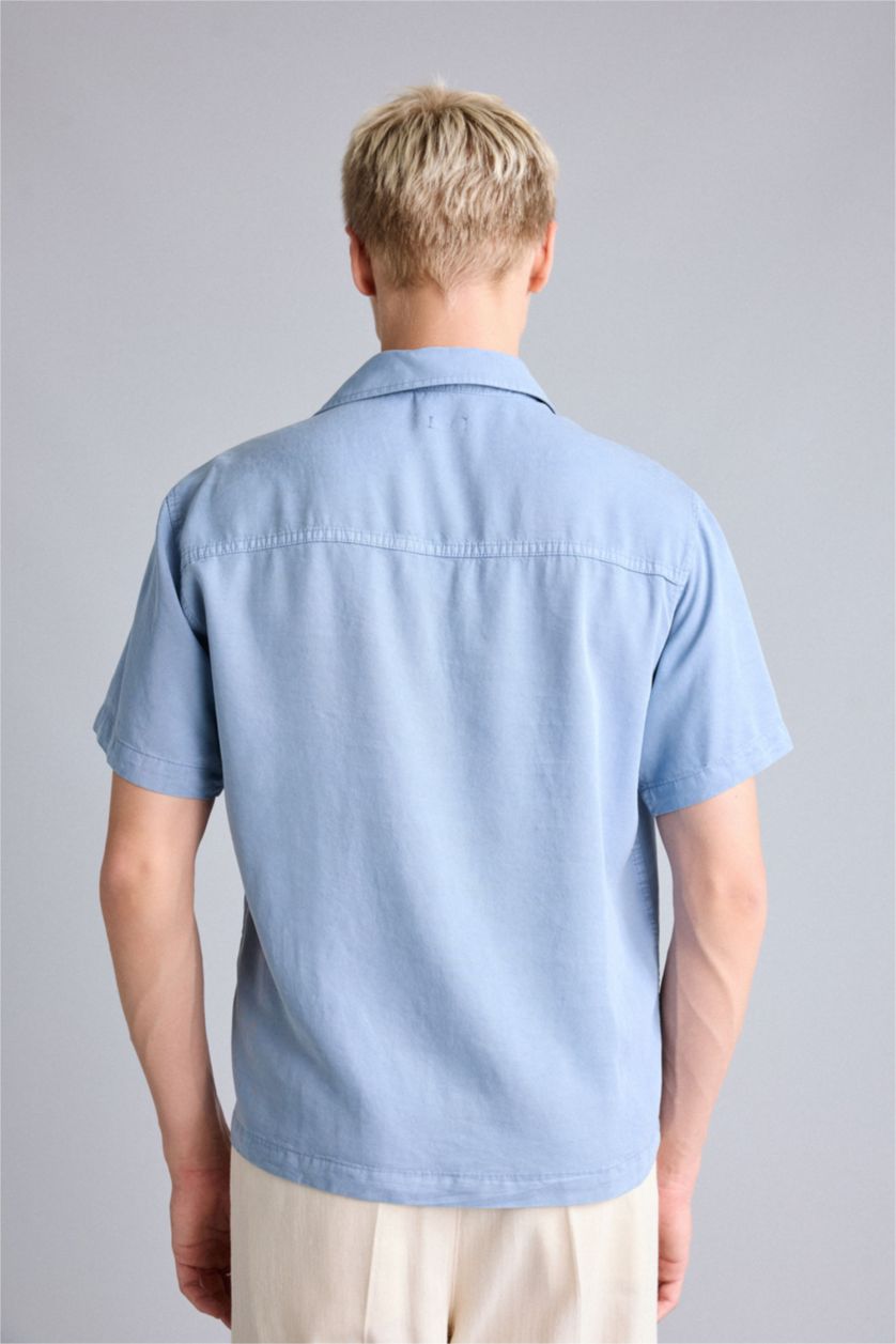 Erkek Mavi Regular Fit Kısa Kollu Tencel Gömlek