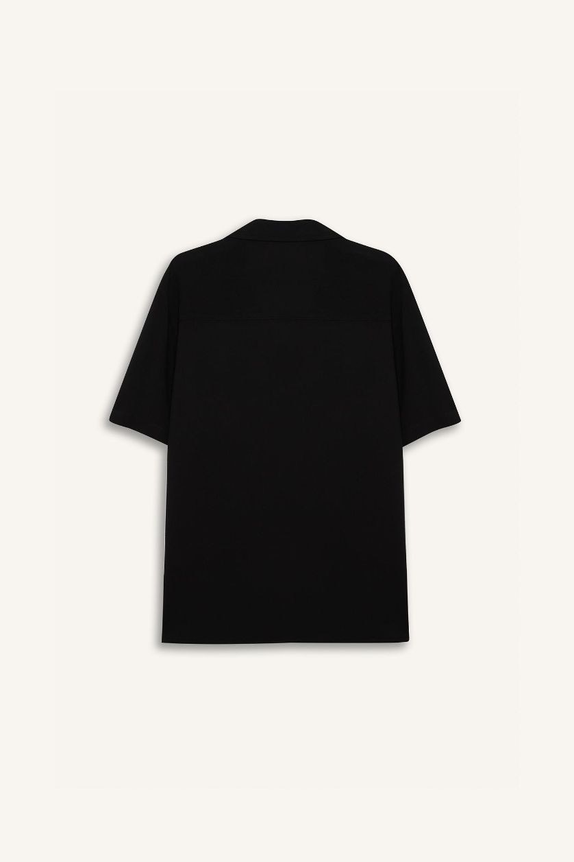 Erkek Siyah Regular Fit Apaş Yaka Yazlık Kısa Kollu Siyah Gömlek