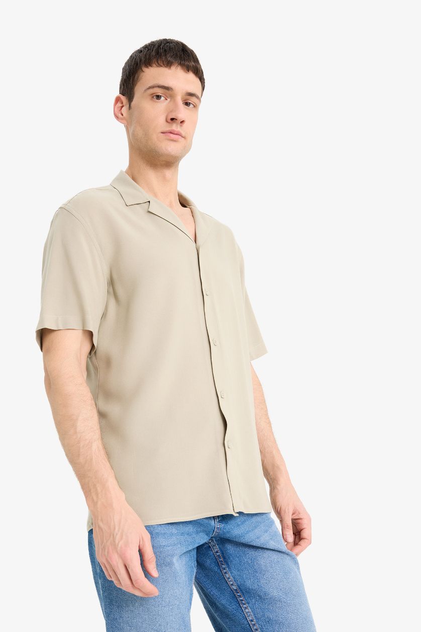 Erkek Açık Haki Regular Fit Apaş Yaka Yazlık Kısa Kollu Gömlek