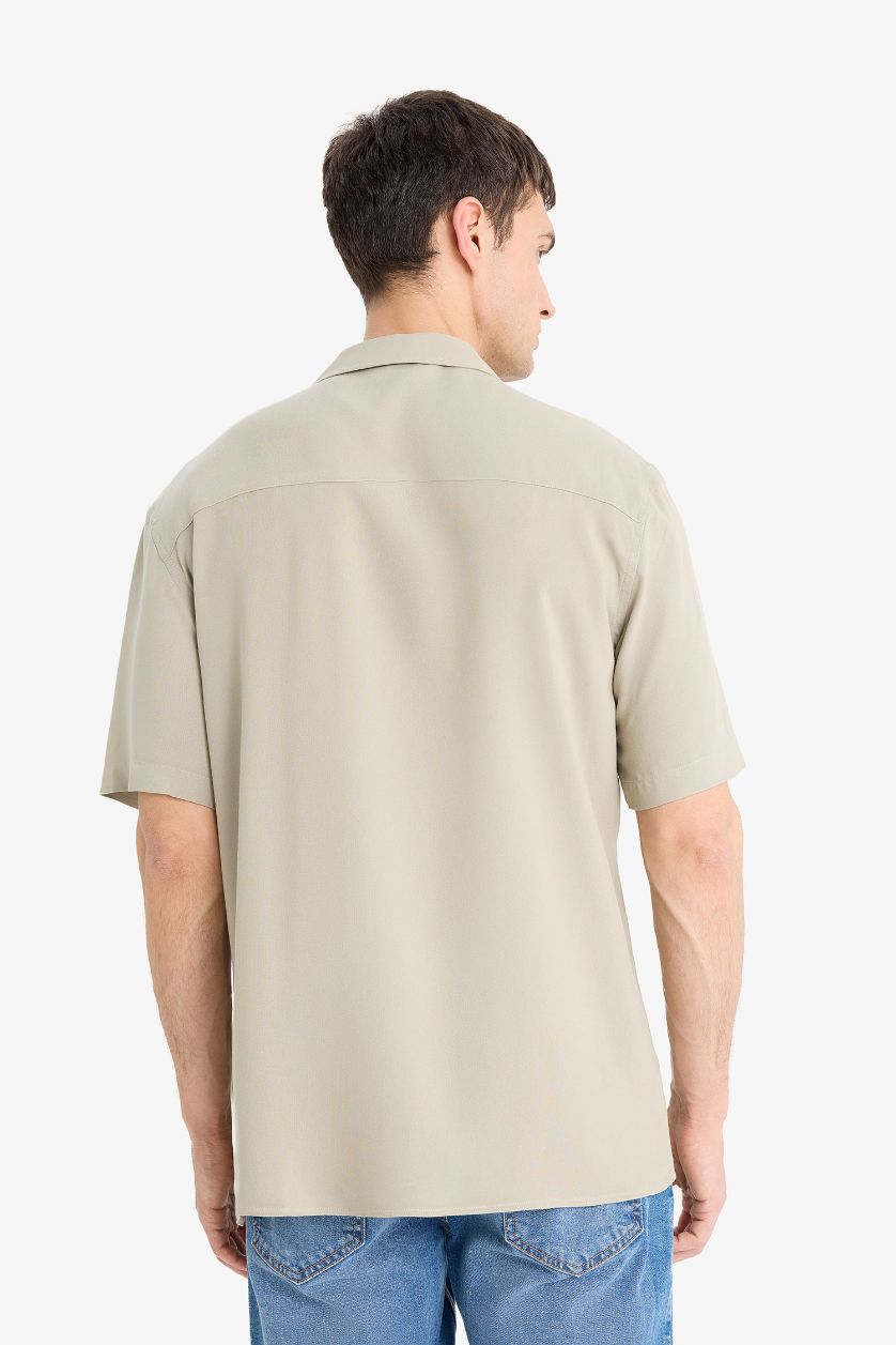 Erkek Açık Haki Regular Fit Apaş Yaka Yazlık Kısa Kollu Gömlek