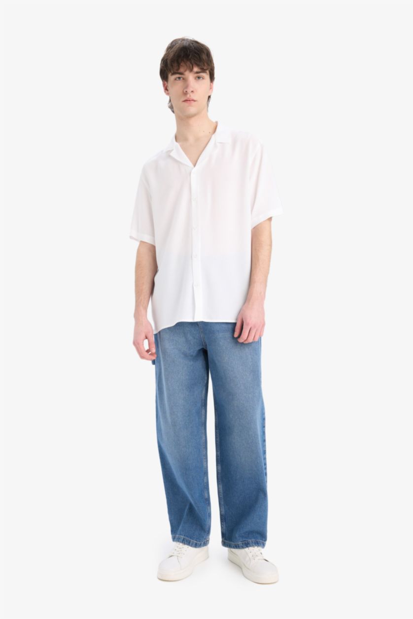 Erkek Beyaz Regular Fit Apaş Yaka Yazlık Kısa Kollu Beyaz Gömlek