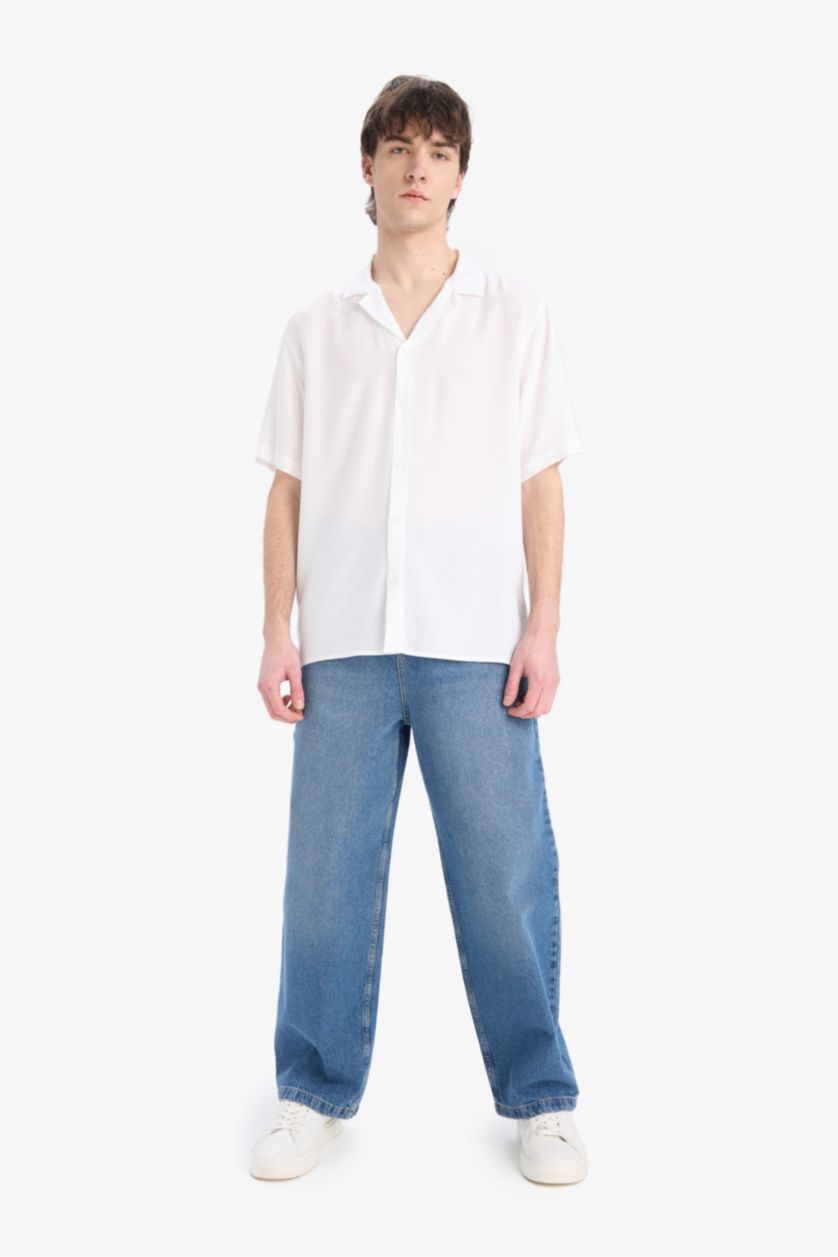 Erkek Beyaz Regular Fit Apaş Yaka Yazlık Kısa Kollu Beyaz Gömlek