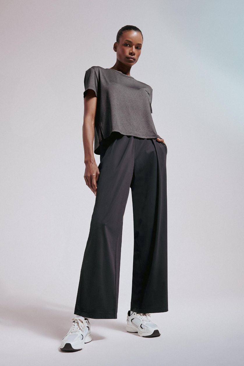 Kadın Siyah Wide Leg Geniş Paça Cepli Standart Boy Premium Sporcu Pantolon