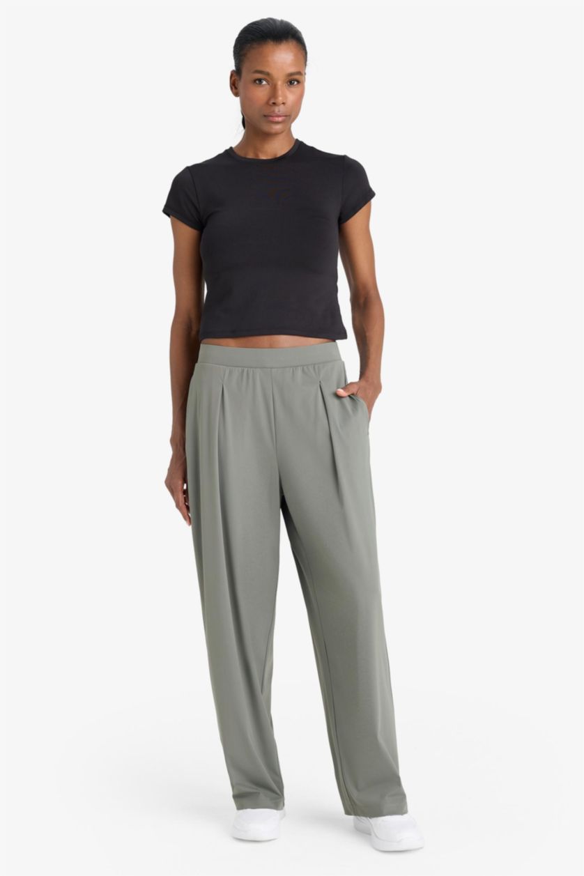 Woman Khaki Straight Fit Wide Leg Trousers