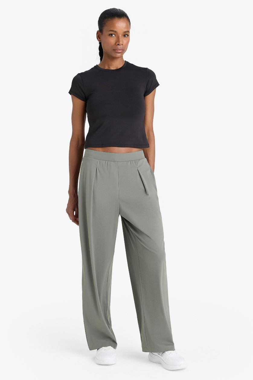 Woman Khaki Straight Fit Wide Leg Trousers