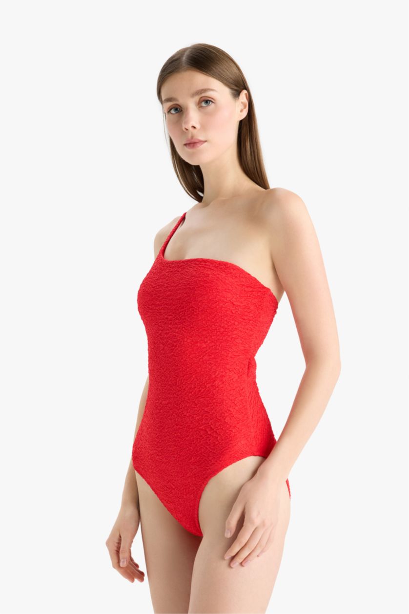 Kadın Kırmızı Regular Fit Gofre Dokulu Tek Omuz Mayo