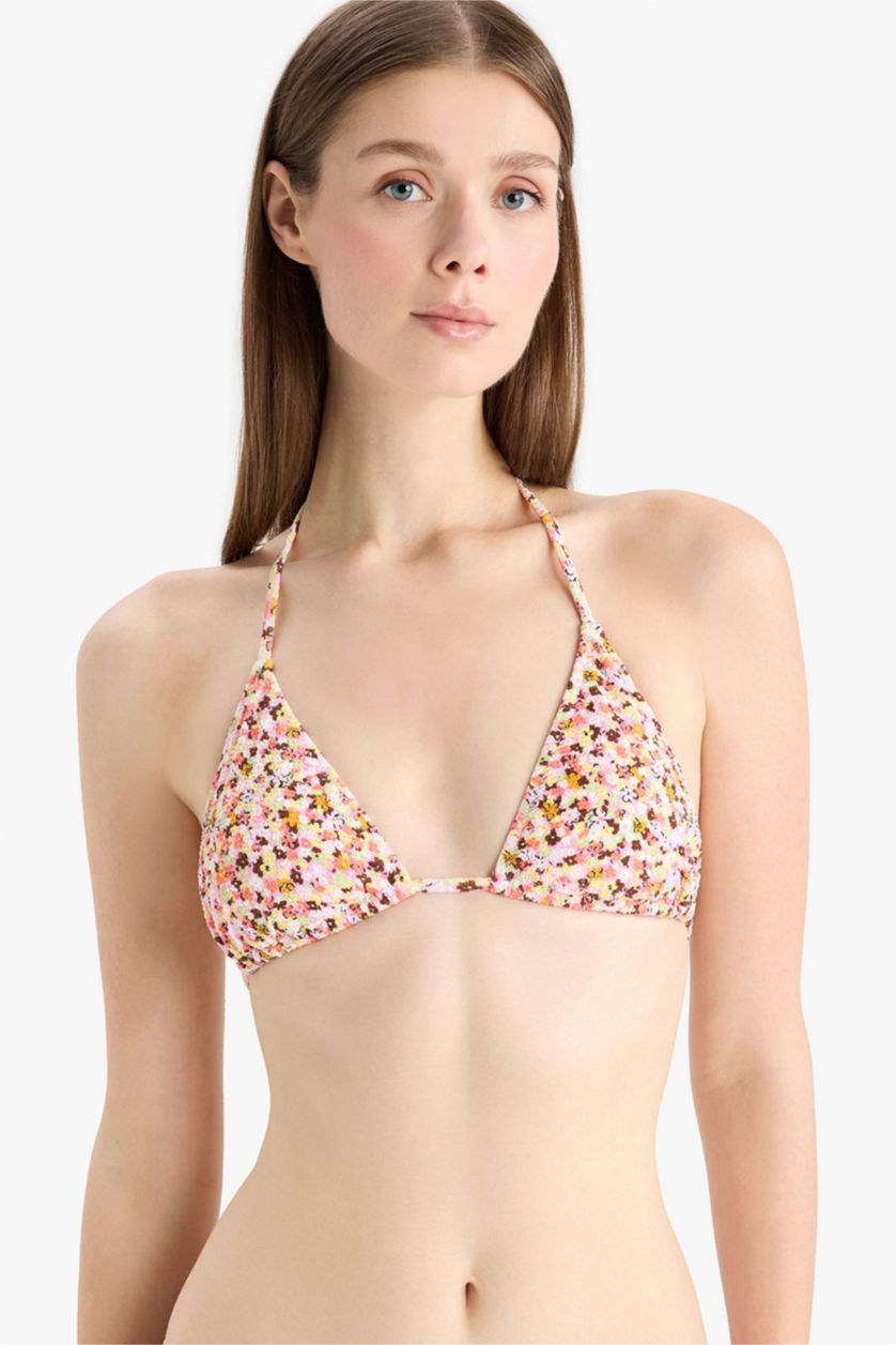 Woman Coral Fall in Love Regular Fit Floral Crepe Triangle Bikini Top