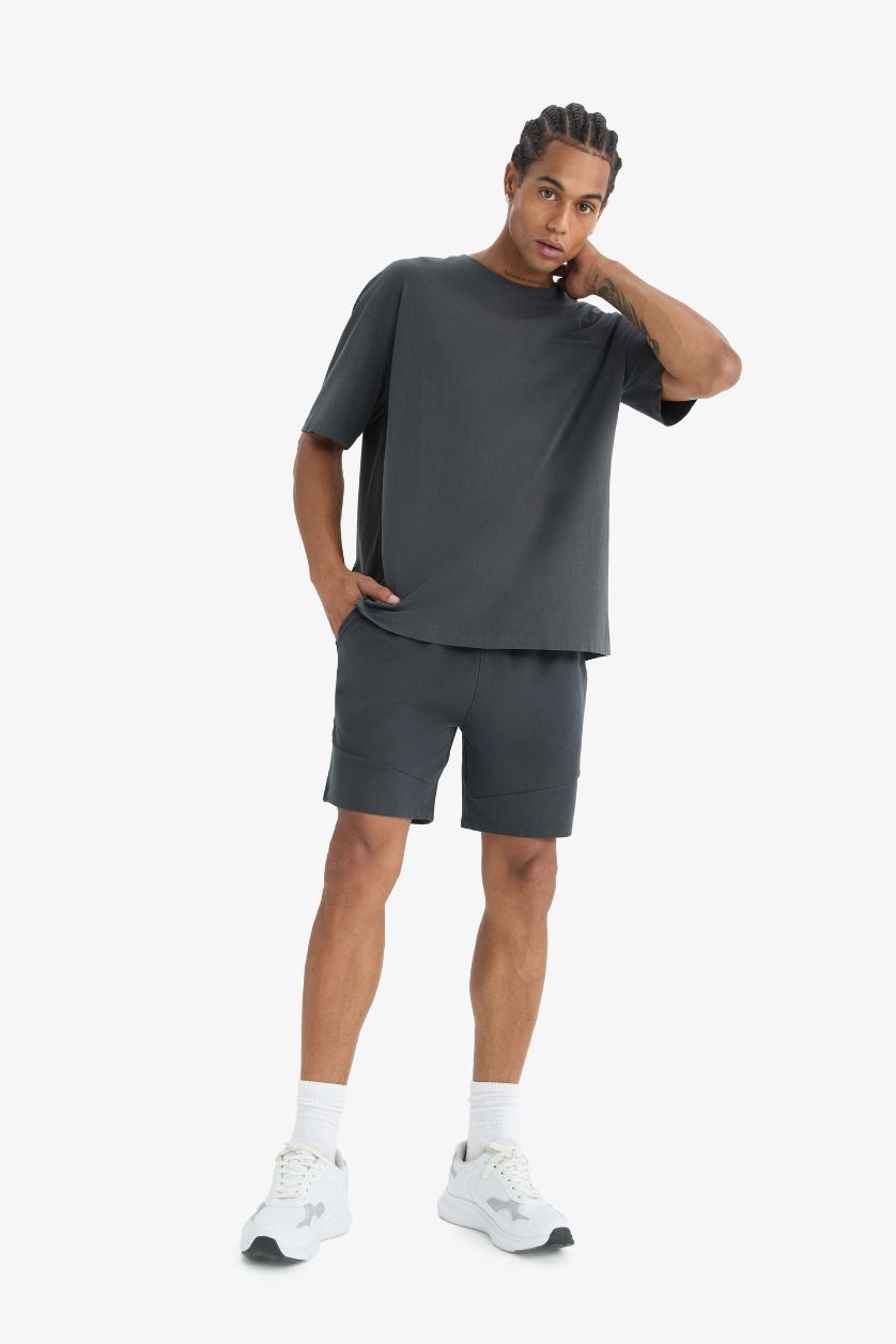 Erkek Antrasit Oversize Geniş Kalıp Bisiklet Yaka Baskılı Sporcu Kısa Kollu Tişört