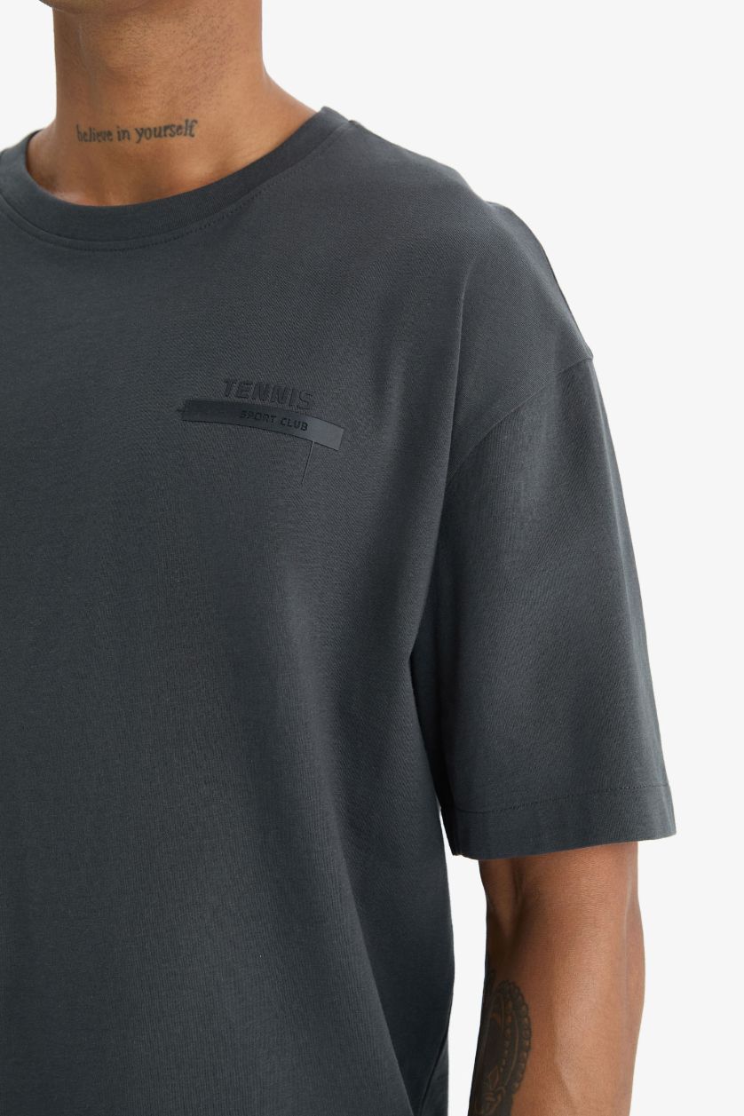 Erkek Antrasit Oversize Geniş Kalıp Bisiklet Yaka Baskılı Sporcu Kısa Kollu Tişört