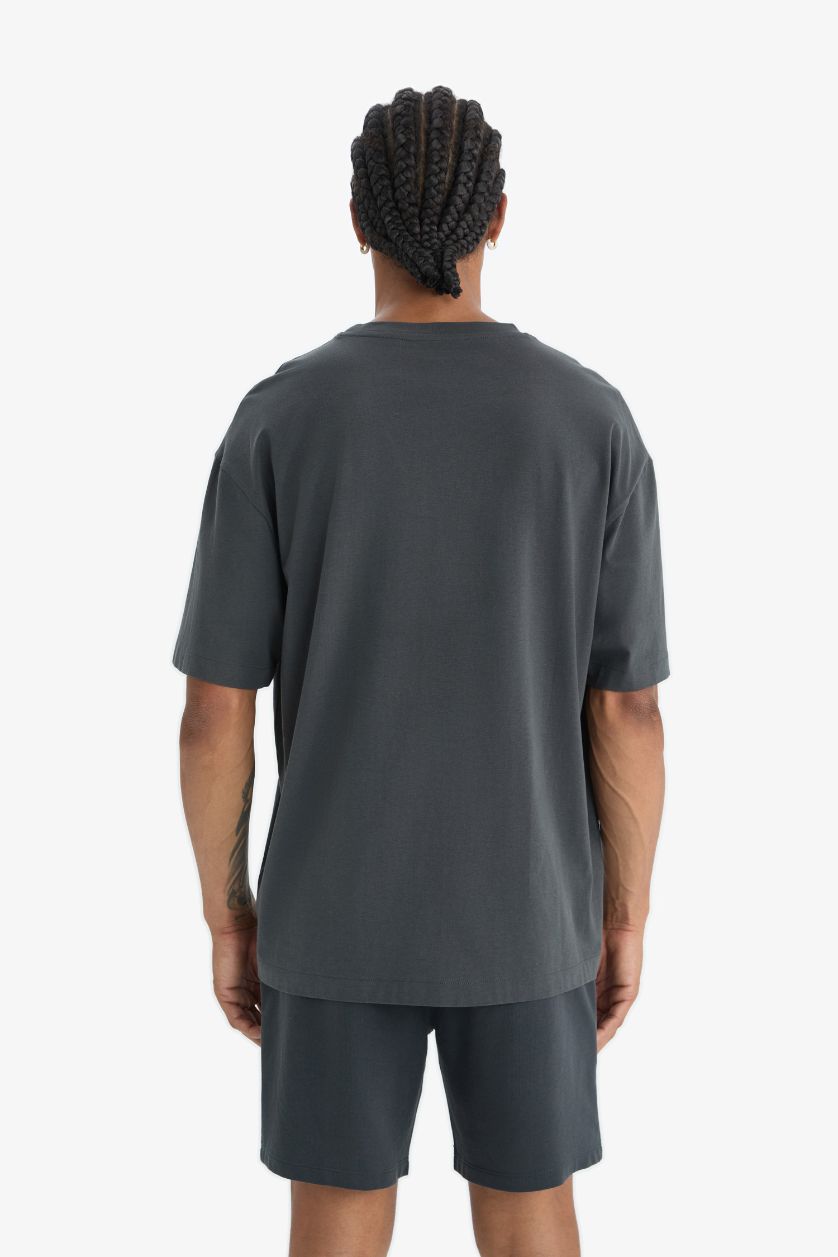 Erkek Antrasit Oversize Geniş Kalıp Bisiklet Yaka Baskılı Sporcu Kısa Kollu Tişört