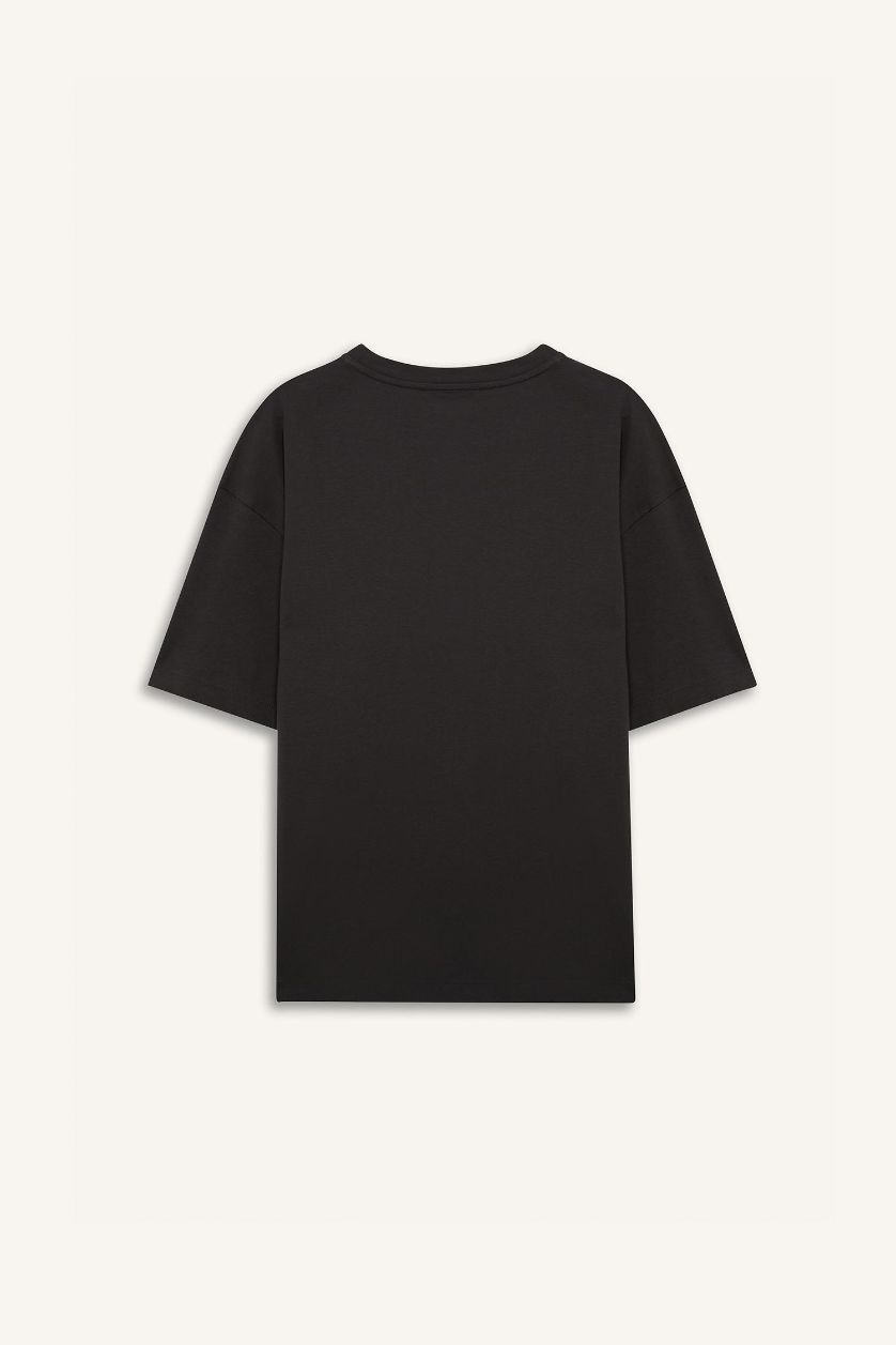 Erkek Antrasit Oversize Geniş Kalıp Bisiklet Yaka Baskılı Sporcu Kısa Kollu Tişört