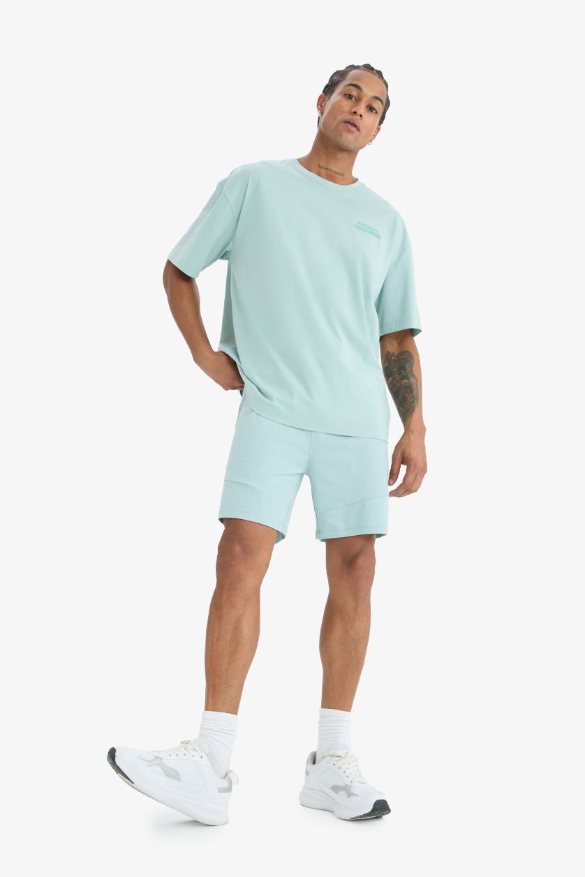 Erkek Açık Mavi Oversıze Bisiklet Yaka Baskılı Sporcu Kısa Kollu Tişört