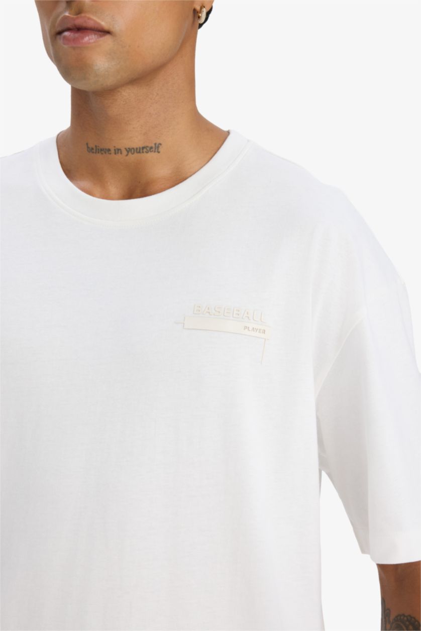 Erkek Ekru Oversize Geniş Kalıp Bisiklet Yaka Baskılı Sporcu Kısa Kollu Tişört