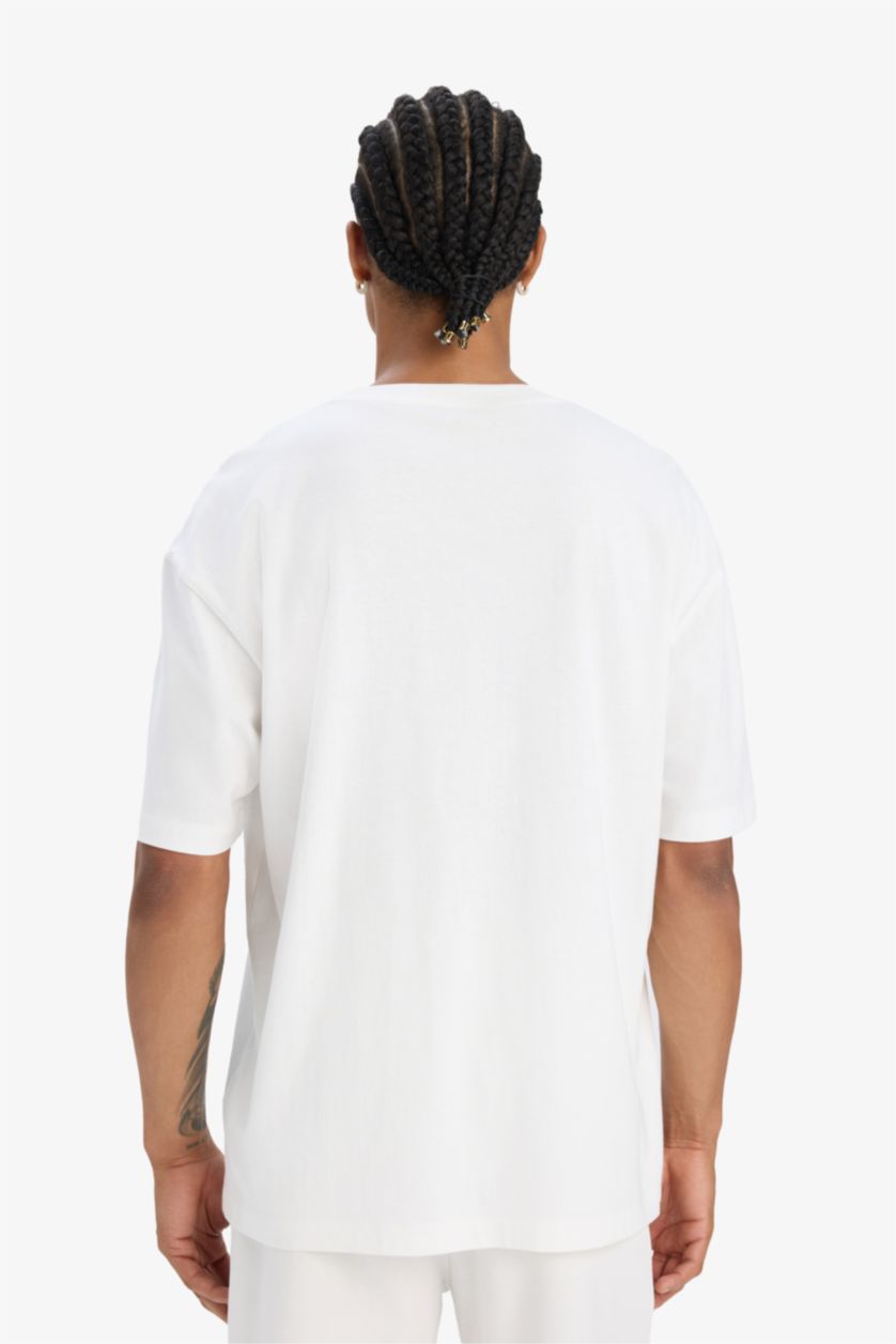 Erkek Ekru Oversize Geniş Kalıp Bisiklet Yaka Baskılı Sporcu Kısa Kollu Tişört