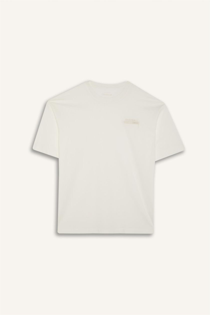 Erkek Ekru Oversize Geniş Kalıp Bisiklet Yaka Baskılı Sporcu Kısa Kollu Tişört