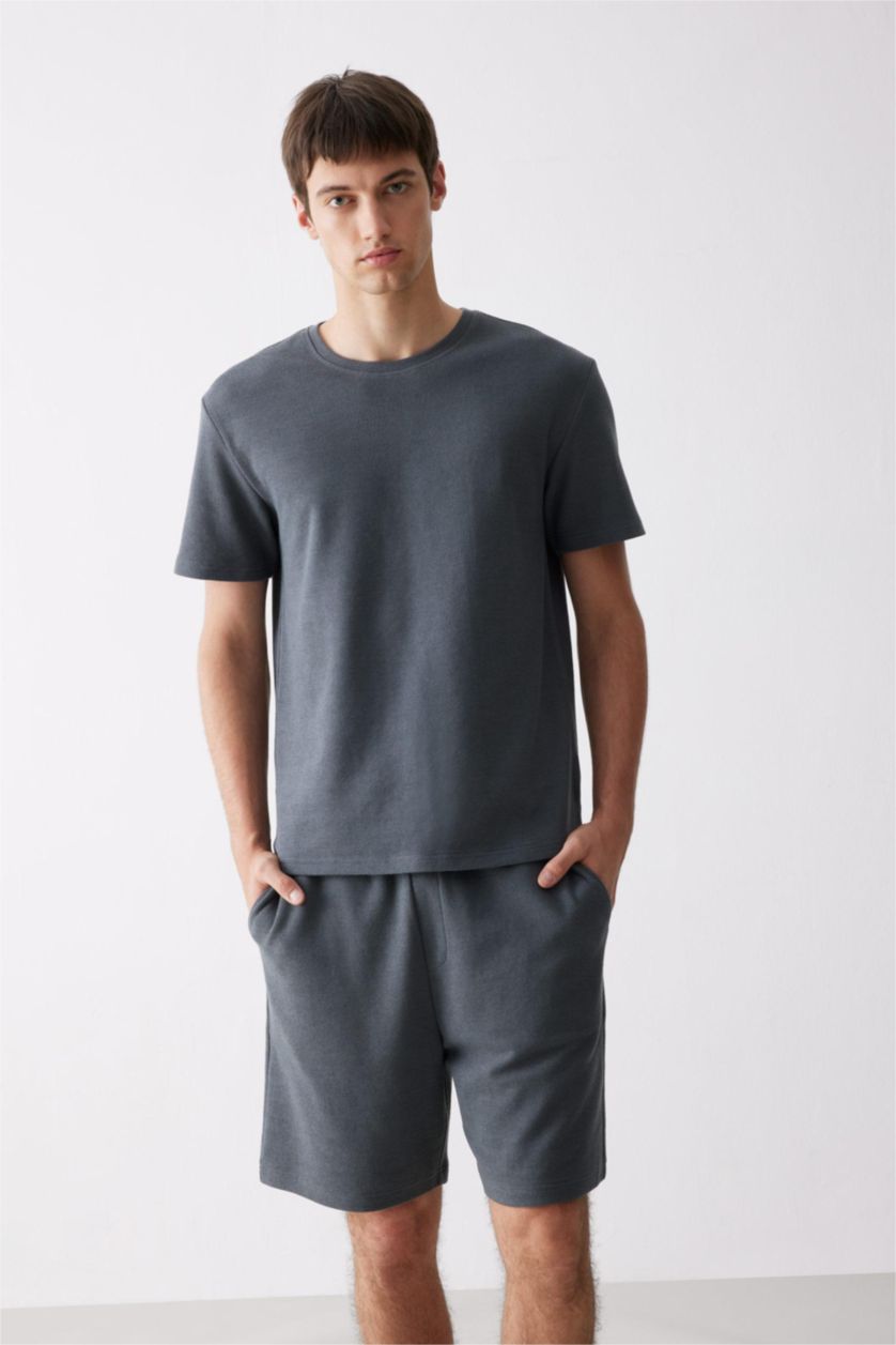 Erkek Antrasit Regular Fit Bisiklet Yaka Kısa Kollu Pamuklu Ağır Kumaş Tişört