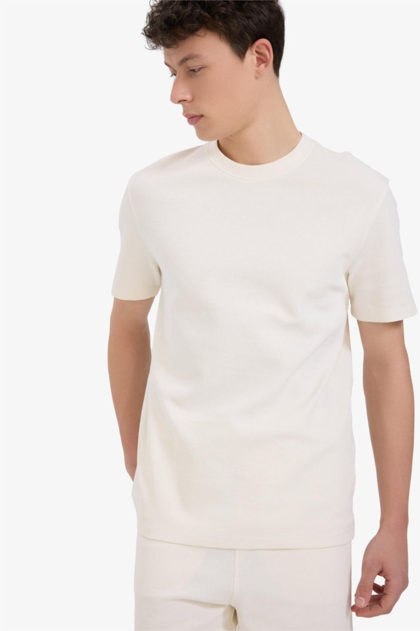 Erkek Kırık Beyaz Regular Fit Bisiklet Yaka Kısa Kollu Pamuklu Ağır Kumaş Tişört