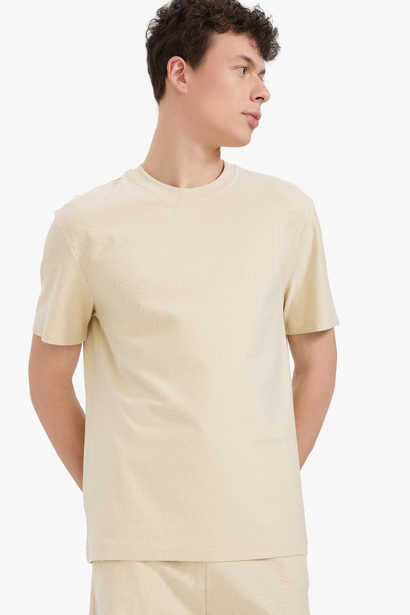 رجالي اللون الحجري تيشيرت قطن قصة عادية برقبة مستديرة