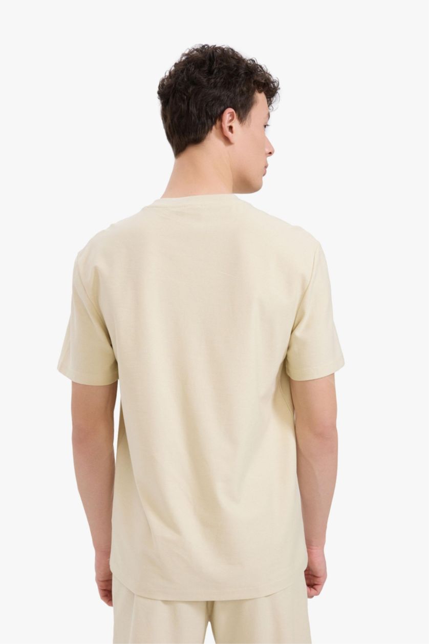 رجالي اللون الحجري تيشيرت قطن قصة عادية برقبة مستديرة