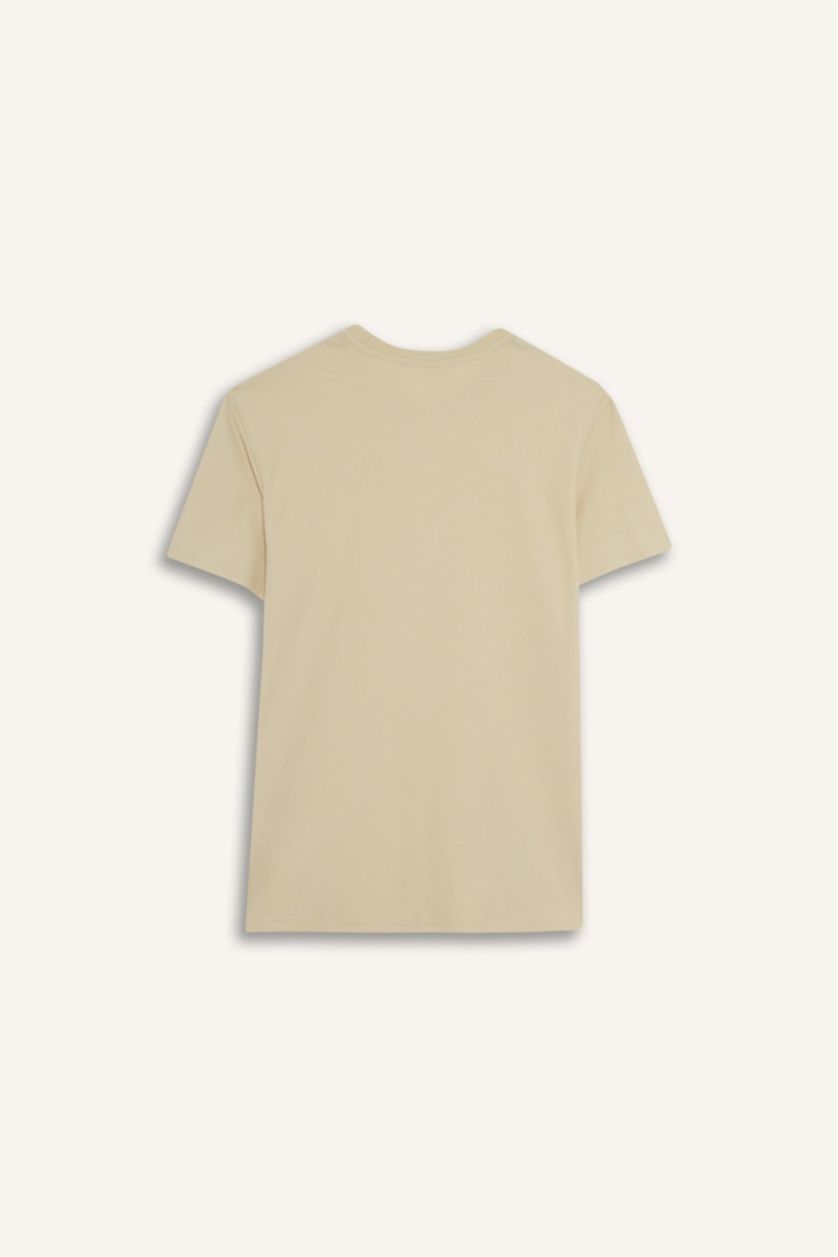 رجالي اللون الحجري تيشيرت قطن قصة عادية برقبة مستديرة