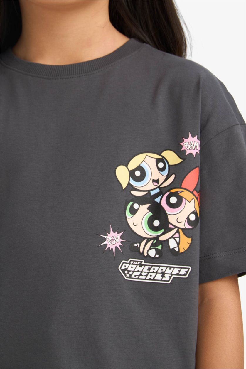 Kız Çocuk - Genç Kız Antrasit PowerPuff Girls Oversize Geniş Kalıp Bisiklet Yaka Sırt Baskılı Kısa Kollu Tişört Kız Çocuk