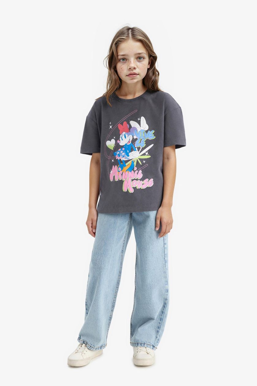 Kız Çocuk - Genç Kız Antrasit Disney Mickey & Minnie Oversize Geniş Kalıp Bisiklet Yaka Kısa Kollu Tişört Kız Çocuk