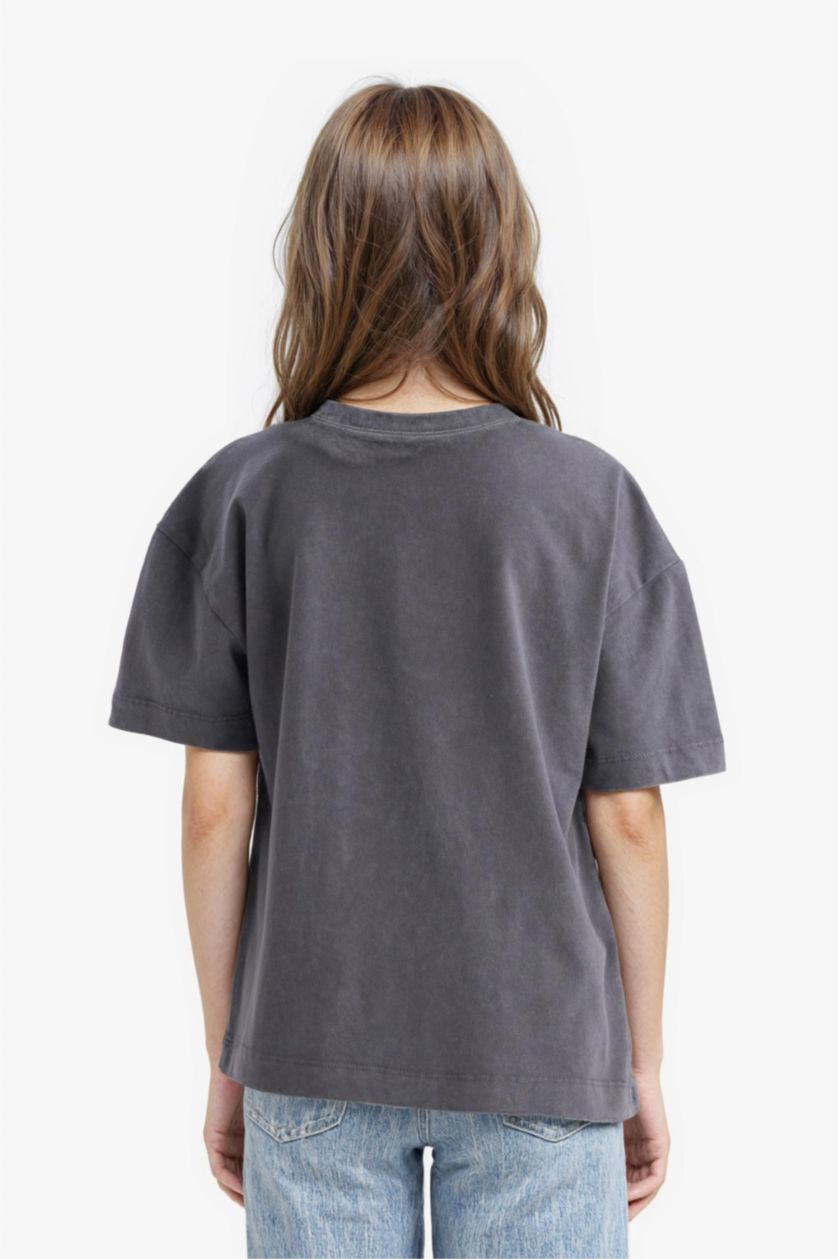 Kız Çocuk - Genç Kız Antrasit Disney Mickey & Minnie Oversize Geniş Kalıp Bisiklet Yaka Kısa Kollu Tişört Kız Çocuk