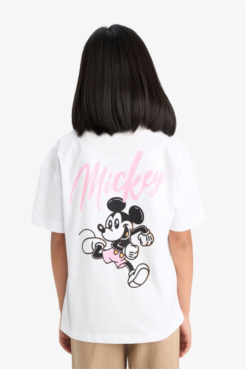 Kız Çocuk - Genç Kız Beyaz Disney Mickey & Minnie Oversize Geniş Kalıp Bisiklet Yaka Sırt Baskılı Kısa Kollu Tişört Kız Çocuk