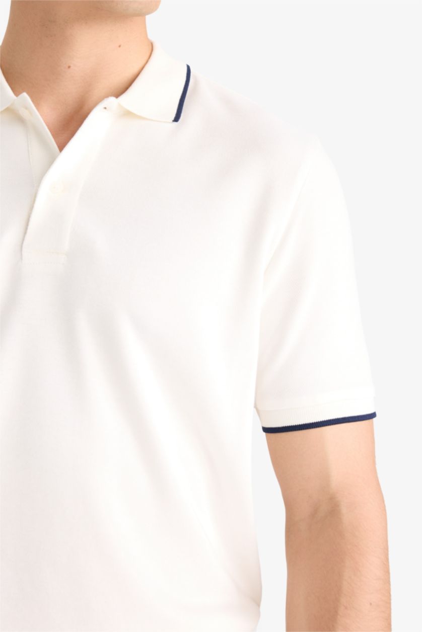 Erkek Kırık Beyaz Regular Fit Polo Yaka Kısa Kollu Dokulu Beyaz Pike Tişört