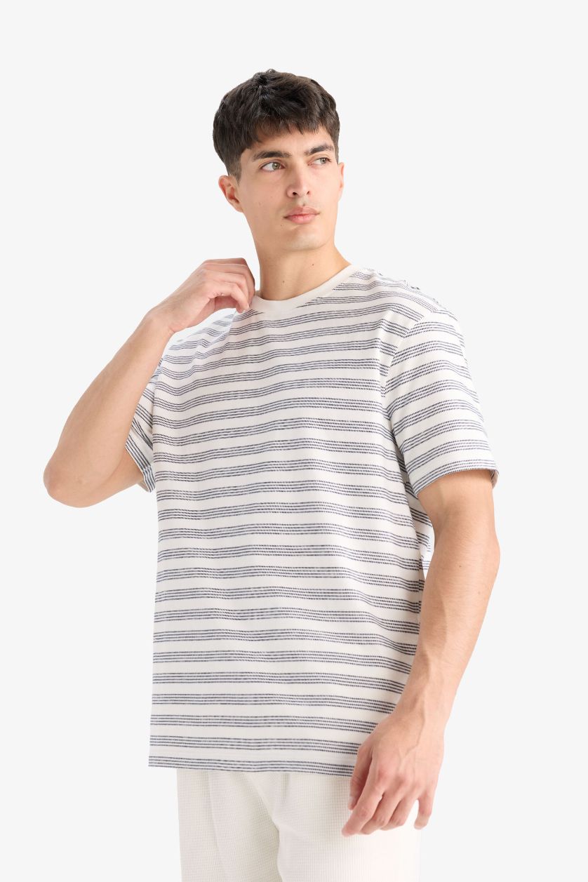 MAN White Regular Fit Crew Neck Striped T-Shirt