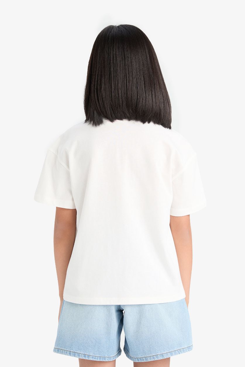 Kız Çocuk - Genç Kız Ekru Barbie Relax Fit Bisiklet Yaka Kısa Kollu Tişört Kız Çocuk